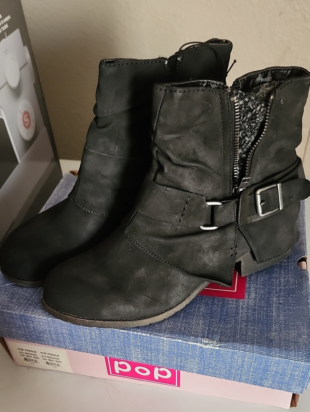 pop Black Buckle Ruched Ankle Booties